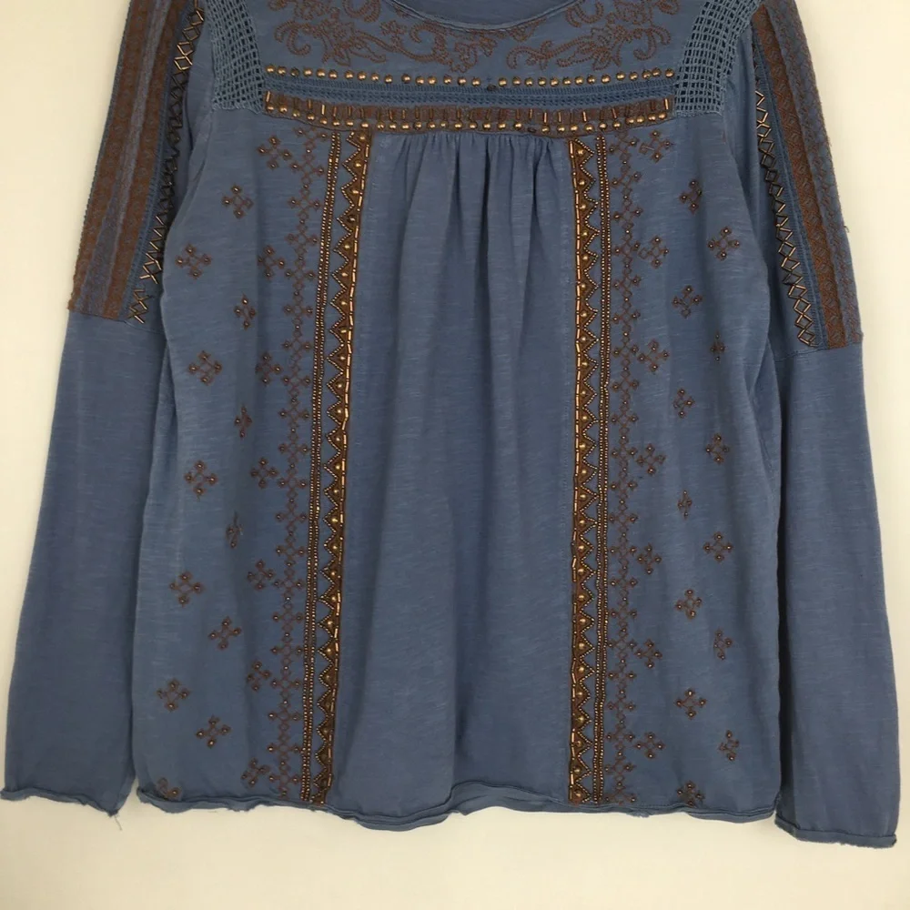 Sundance Boho Top Beaded Embroidered Blue Copper Long Sleeve Women’s Size Small